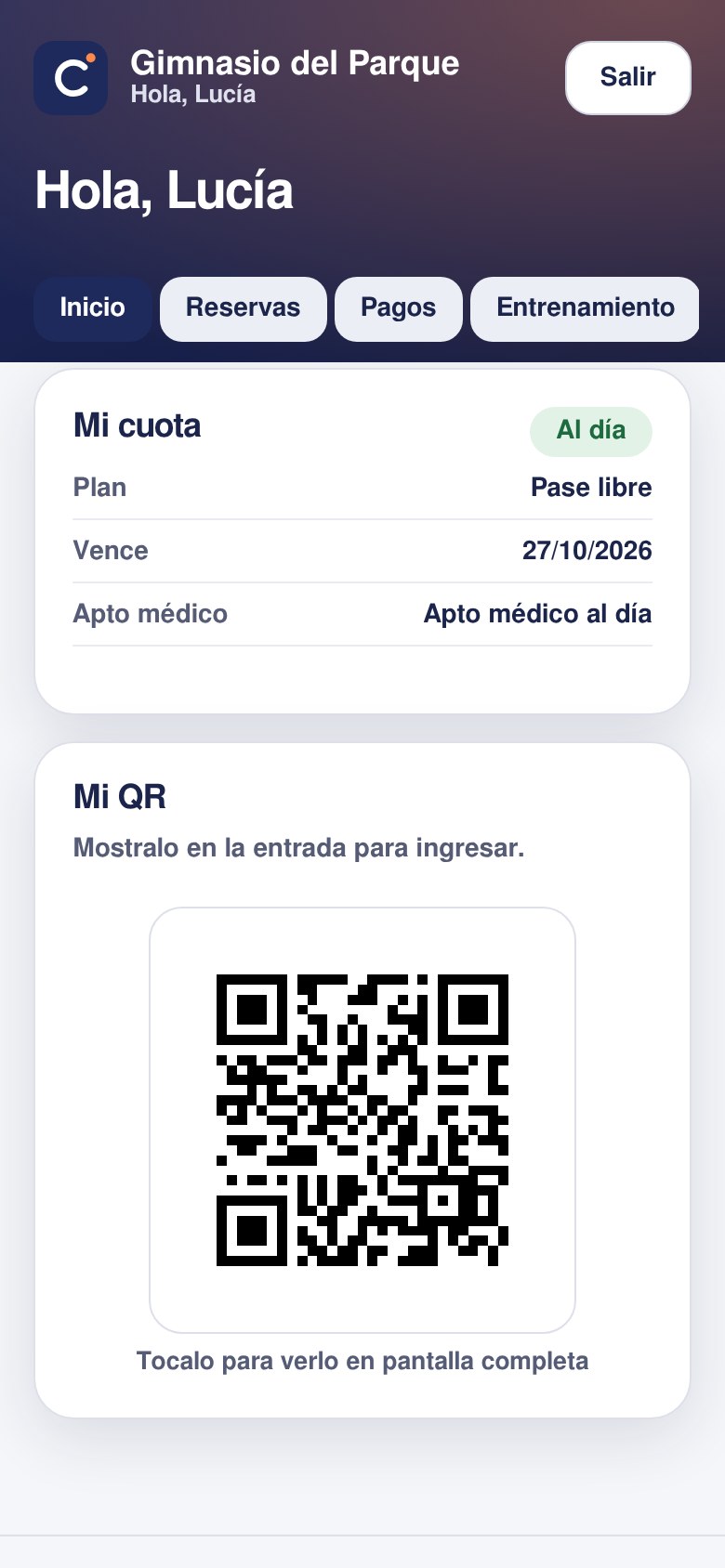 Web del socio de Clubedo: cuota, vencimiento y QR de acceso