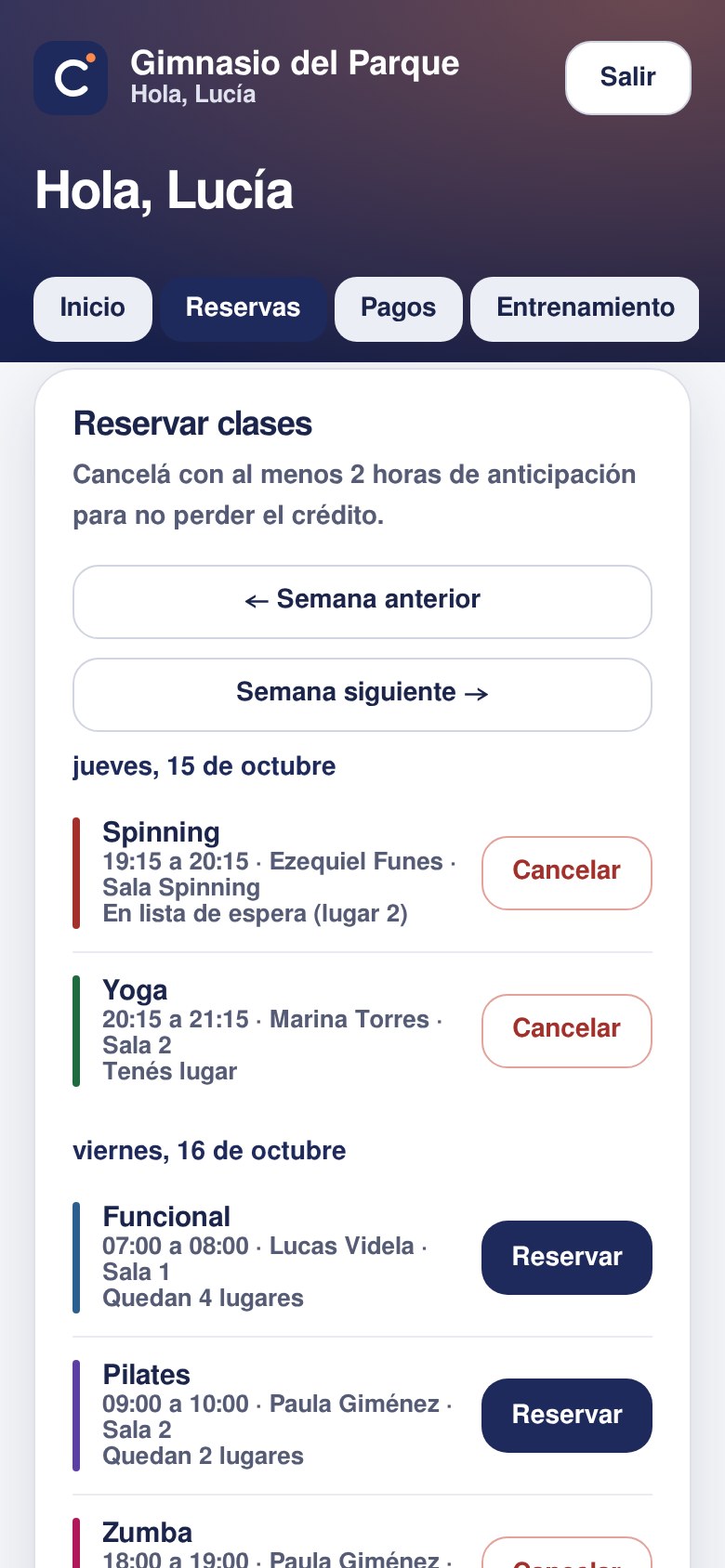 Reserva de clases desde el celular del socio