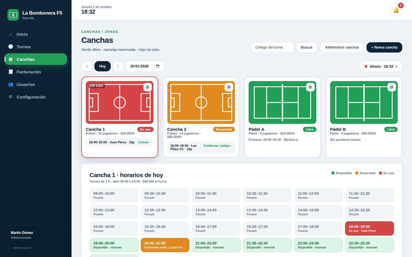 Panel de canchas de Deportia