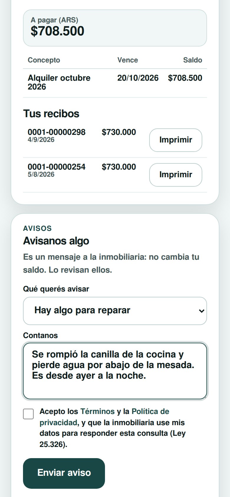 Portal del inquilino: saldo, recibos y avisos