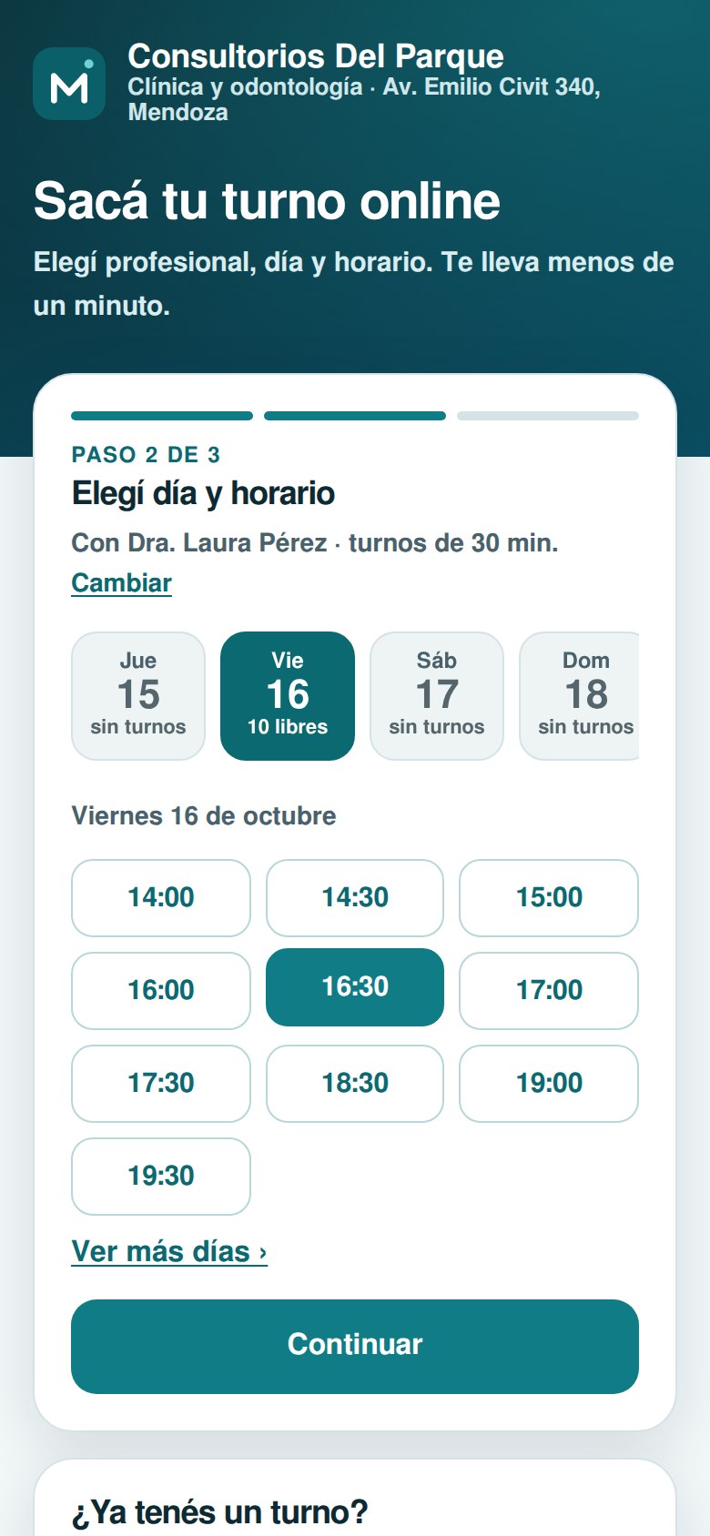 Web de turnos: el paciente elige profesional, día y horario