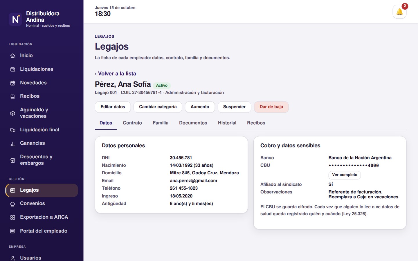 Legajo de un empleado en Nominal