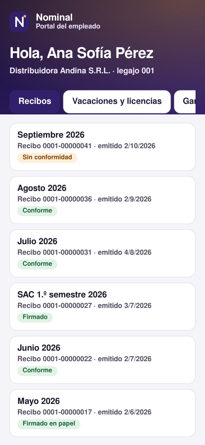 Portal del empleado con sus recibos