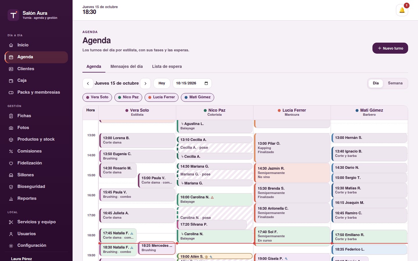Agenda de Turnia con los turnos del día por profesional