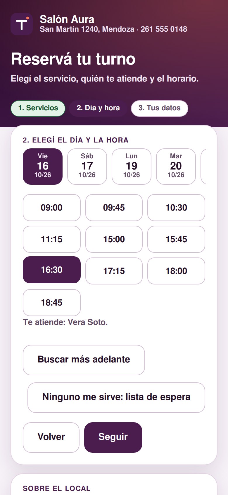 Web de turnos de Turnia: el cliente elige día y hora