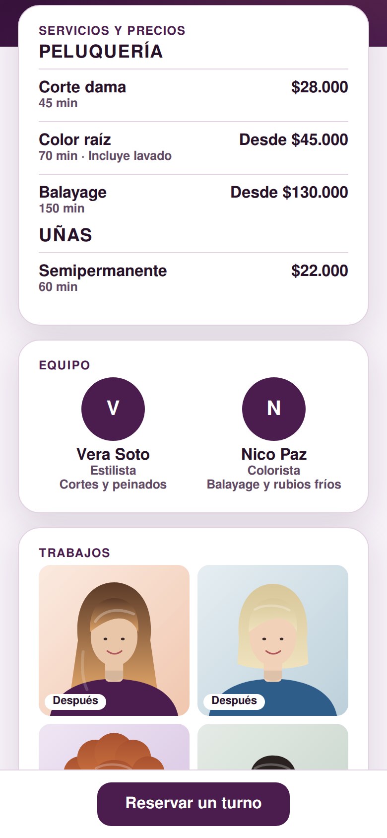 La vitrina del local con servicios, equipo y trabajos